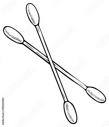 Ear swabs illustration, two cotton buds in a crossed line style. Hygiene and healthcare items. Medicine supplies in vector sketch