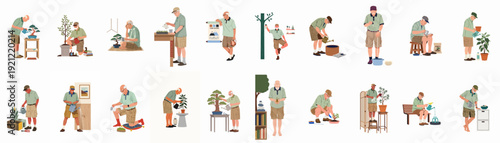 Elderly men enjoying various gardening activities and plant care, fostering a serene and fulfilling hobby at home and outdoors.