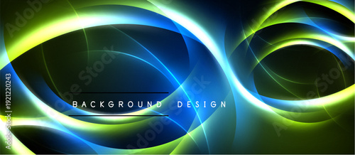 Bright abstract design features flowing curves, vibrant blues, greens. Text reads background design over dark space. Modern, energetic visual.