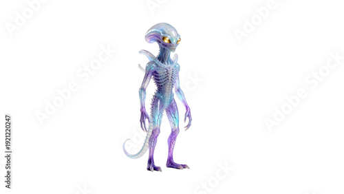Futuristic glowing blue alien creature standing on white background