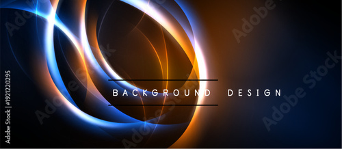 Abstract design features glowing curves, vibrant colors. Dark background emphasizes bright orange, blue elements. Text reads background design.