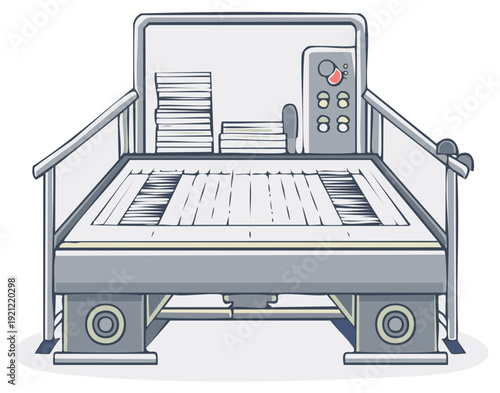 Vector illustration of a modern industrial machine with control panel for manufacturing process and material handling, machinery automated equipment cartoon style