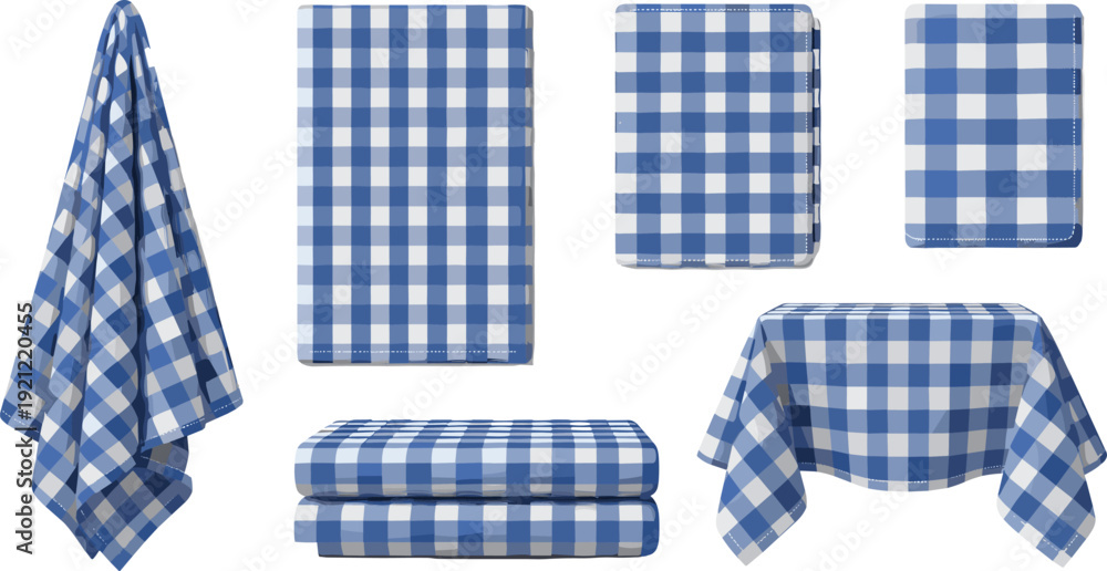 Fototapeta premium Blue checkered kitchen towel and tablecloth set with realistic folded fabric textile for dining interior decoration vector illustration collection.