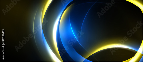 Abstract design features glowing curves, vibrant blue, yellow hues. Dark background emphasizes luminosity, creating dynamic visual effect.