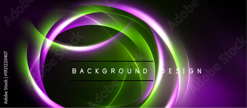 Abstract neon swirls, purple, green hues dominate black background. Text reads background design centered within glowing oval shape.