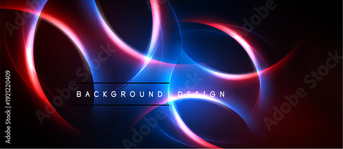 Abstract neon lights create dynamic curves. Blue, pink, red hues blend into dark background. Modern design element.