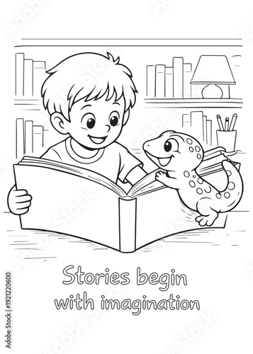 coloring book boy reading a picture book aloud to a gecko, where stories begin with imagination
