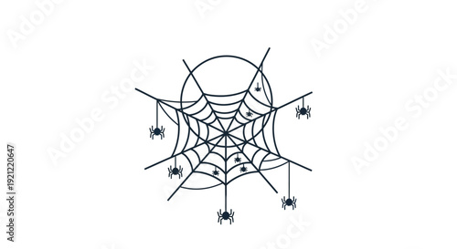Intricate spider web with multiple spiders crawling