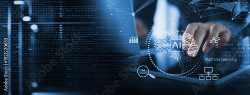 AI Artificial intelligence, Machine learning, Big data analysis and automation technology, business intelligence, data science digital technology icons on virtual screen.