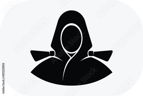 A black silhouette of a hooded figure with ties