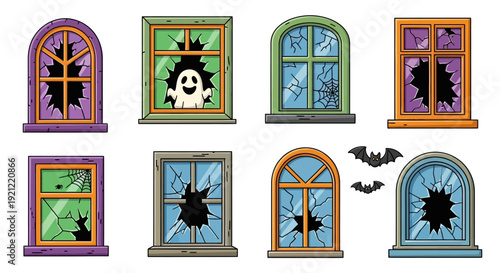 Spooky cartoon windows with broken glass and Halloween elements