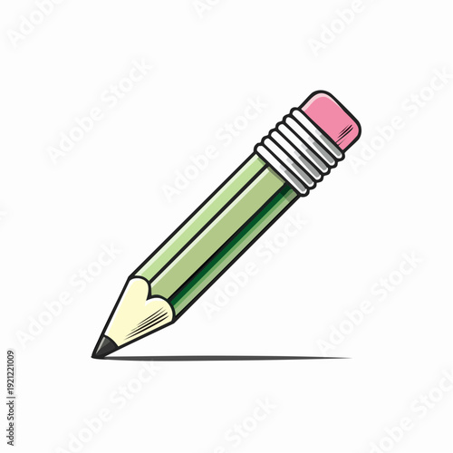 Green pencil with pink eraser drawing a line on white background, simple flat illustration
