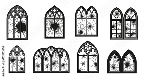 Damaged Gothic church windows with bullet holes and cracks