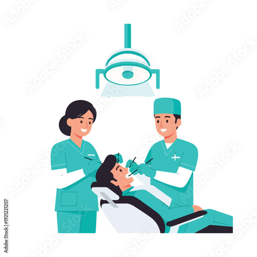 Illustration of a dentist and assistant performing a dental procedure on a patient in a clinical setting with a dental light.