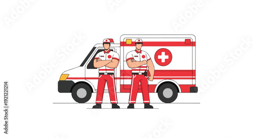 Illustration of two paramedics standing confidently in front of an ambulance with a red cross on the side.