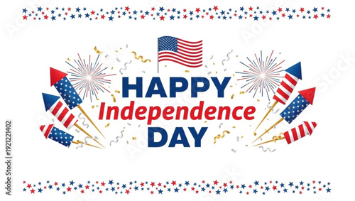 Happy Independence Day celebration with fireworks and American flag  patriotic holiday greeting