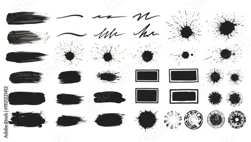 Collection of black ink brush strokes and splatters for graphic design  various textures