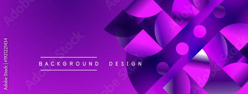 Abstract purple design features overlapping circles, squares. Gradient shades create modern visual effect. Text reads background design.