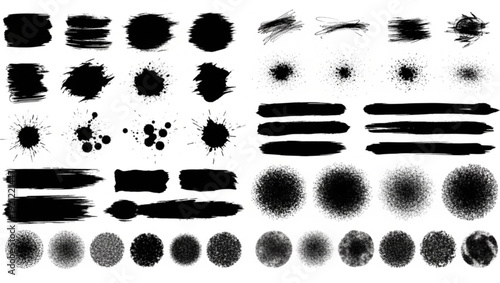 Collection of black ink brush strokes and splatters on white background for graphic design