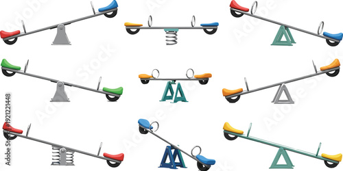 Colorful playground seesaw equipment set with different balance positions children outdoor park activity vector illustration collection.