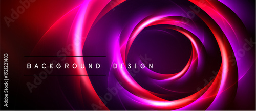 Abstract swirling neon lights create dynamic circular pattern. Vivid reds, purples dominate dark background. Text reads background design.