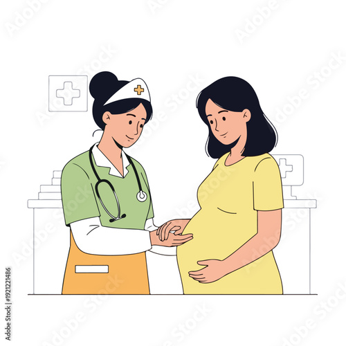 A pregnant woman and a female nurse in a medical setting with a white background, the nurse gesturing towards the woman's belly with a stethoscope around her neck.