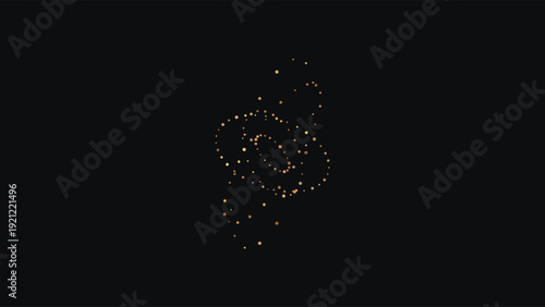 Abstract cosmic spiral galaxy illustration with glowing golden dots against deep black space background, vibrant digital art composition
