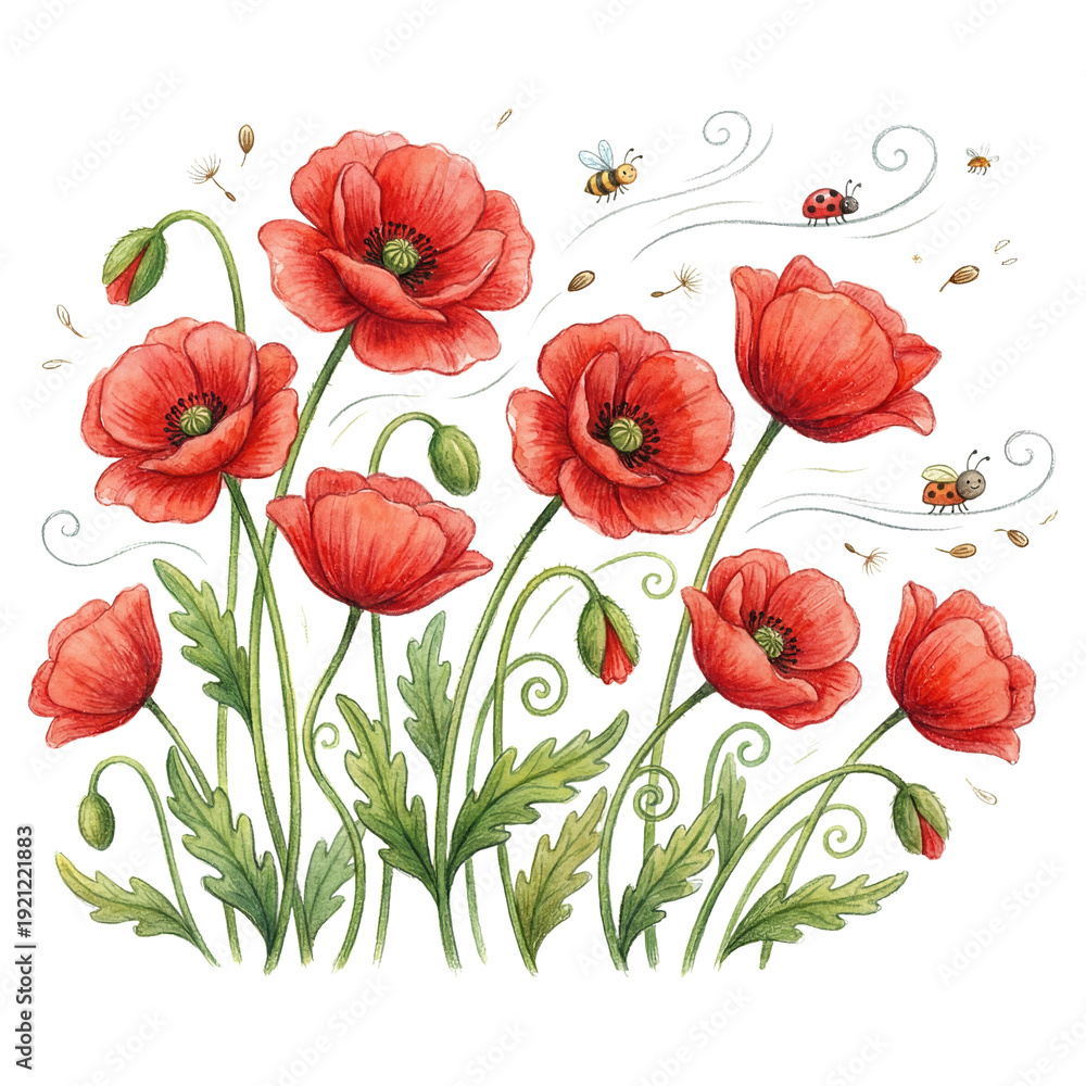 Obraz premium Watercolor botanical illustration of bright red poppies with buds, green foliage, bees and ladybugs on a transparent background, whimsical hand-painted floral artwork