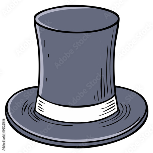 Cartoon Illustration of a Classic Gray Top Hat with White Band, Isolated