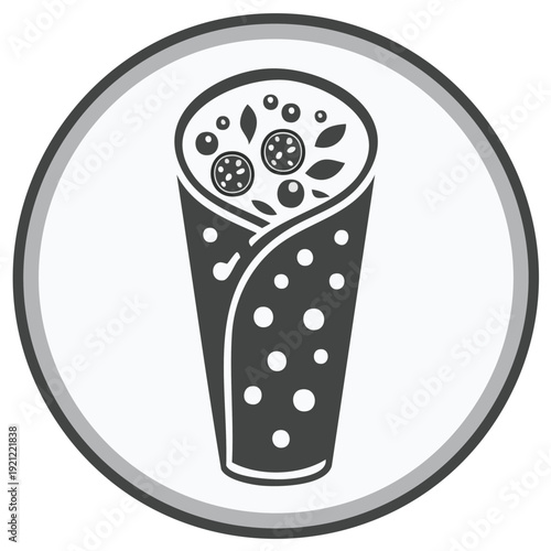 Shawarma wrap illustration with circles. Gray flat icon. Fast food vector. Isolated. Food menu. Modern minimal design. Black and white.