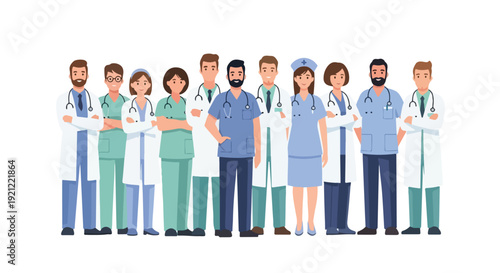 Illustration of diverse medical professionals standing together in various uniforms and scrubs against a plain white background.