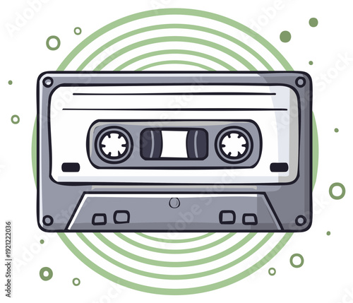 Cassette Tape Illustration with Green Circular Design Retro Sound Carrier