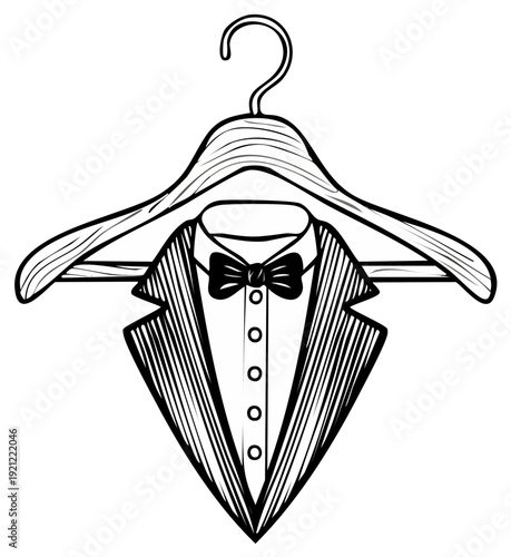Elegant tuxedo suit with bow tie hanging on a wooden clothes hanger, vintage style illustration