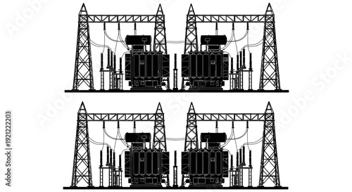 electrical power substation with transformers and transmission towers silhouette illustrating energy distribution and power grid.