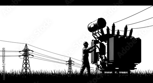 electrical worker silhouette maintaining power transformer near electricity pylons illustrating energy infrastructure and grid reliability.