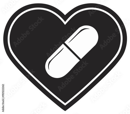 Black Heart Shape with White Medical Capsule Inside Symbolizing Health Care