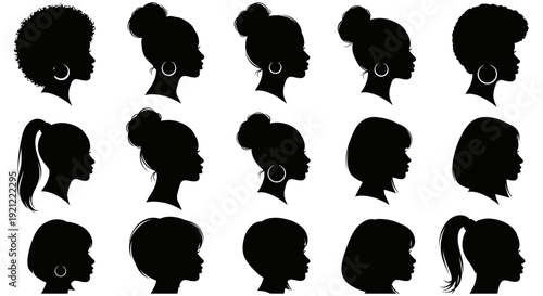 diverse women silhouettes in profile featuring various hairstyles and accessories embodying beauty identity style and empowerment.