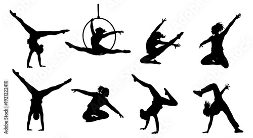 dynamic silhouettes of female gymnasts and acrobats performing handstands splits aerial hoop symbolizing strength and flexibility.