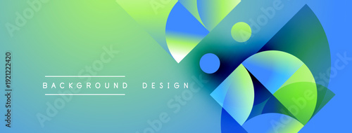 Abstract gradient background. Blue, green hues blend smoothly. Geometric shapes overlap creating dynamic visual effect. Modern design element.