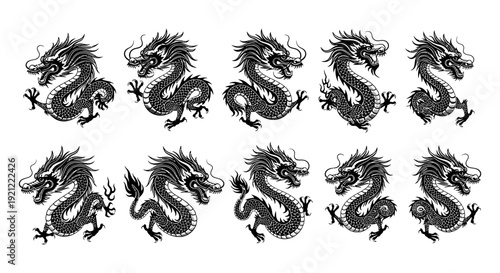 dynamic traditional chinese dragons illustrations in various poses embodying eastern mythology power prosperity and cultural heritage.