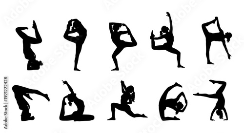 dynamic yoga poses silhouettes of diverse female practitioners demonstrating flexibility and strength for health wellness and fitness content