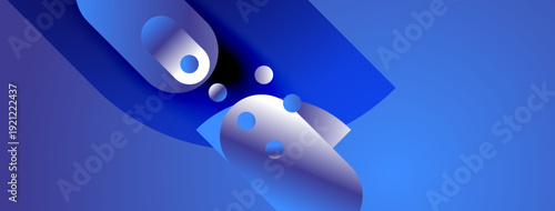 Abstract blue shapes overlap, creating dynamic composition. Gradient colors suggest depth, modern design aesthetic. Smooth forms evoke fluidity.