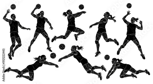 dynamic volleyball players in action showcasing serves spikes sets and digs for competitive sports and team themes.