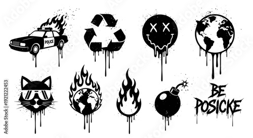 edgy graffiti style urban protest symbols set featuring burning police car melting globe and distressed counter-culture icons for art.