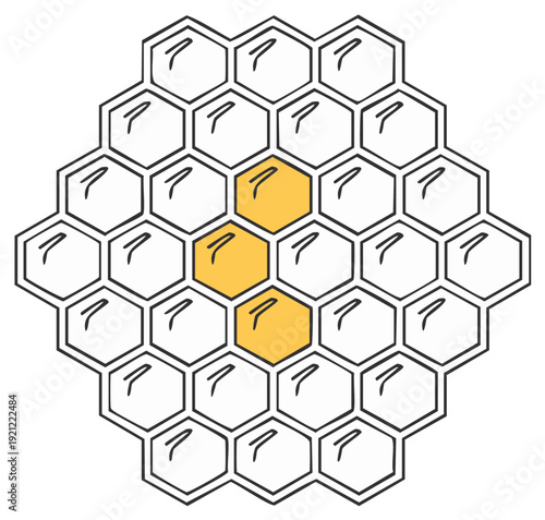 Honeycomb structure with some cells highlighted in yellow, illustration