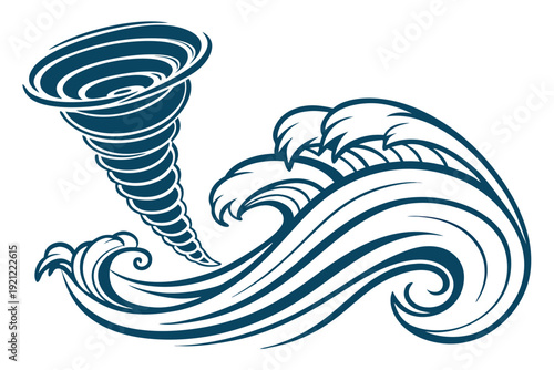Tornado and Ocean Wave Abstract Fusion Silhouette, Weather Change Vector Symbol for Design