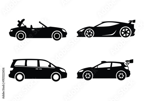Set of car types includes convertible, sports car, minivan, and rally car side views