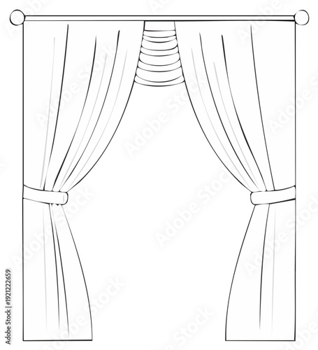 Line art illustration of elegant window curtains tied back with a decorative valance
