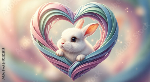 White Rabbit in Pastel Heart Symbolizing Love and Innocence, 3D Rendering