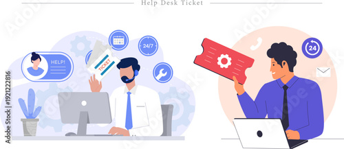 Premium Help Desk Ticket Illustration Customer Support, Technical Troubleshooting and Service Request Flat Vector